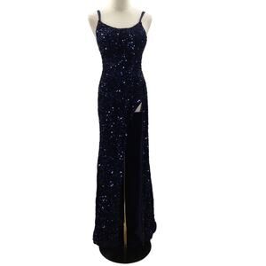 FORMAL PARTY SZ 2 XS navy blue sequin backless lace up maxi party dress NEW B73